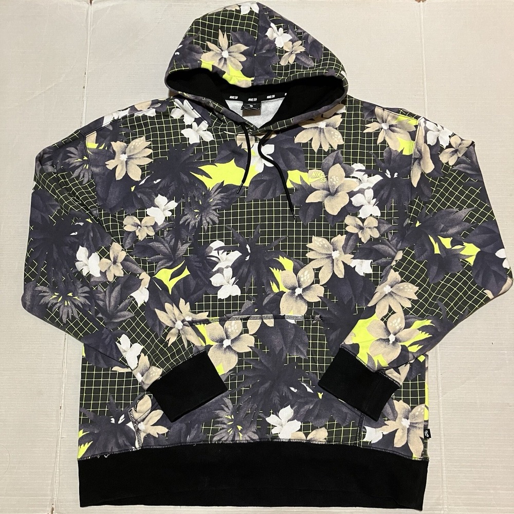 Mens Nike SB Medium Printed Skate Hoodie Pullover Floral‎ Black Volt Multicolor